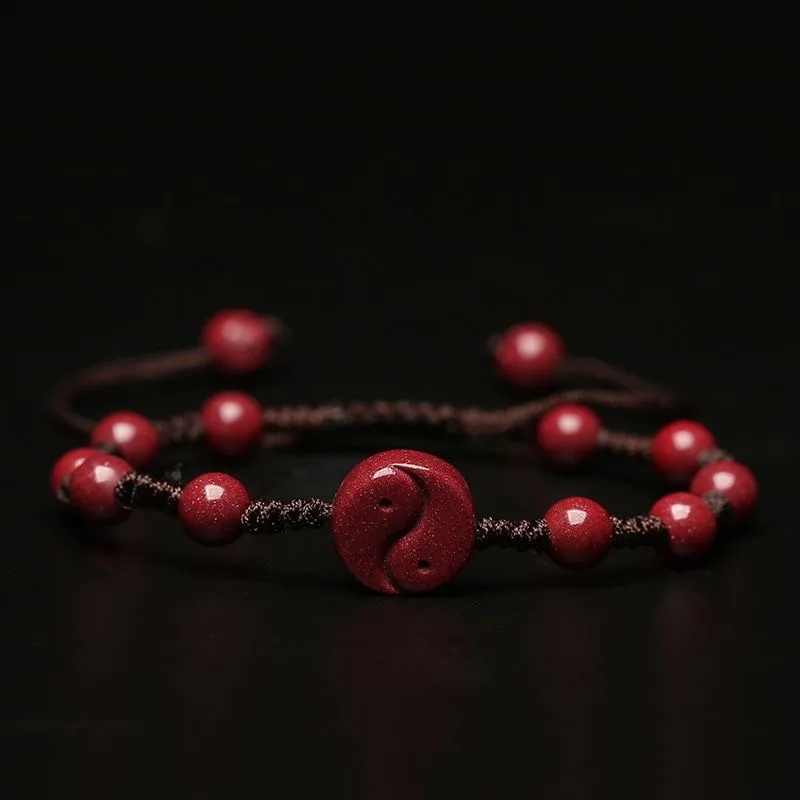 Bracelet Beaded Men - Disesuaikan Cinnabar Merah Alami Yin Yang